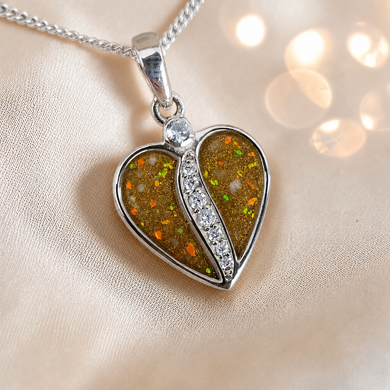 Elara Split heart shaped ashes pendant with CZ in gold olive, handcrafted in Lancashire UK