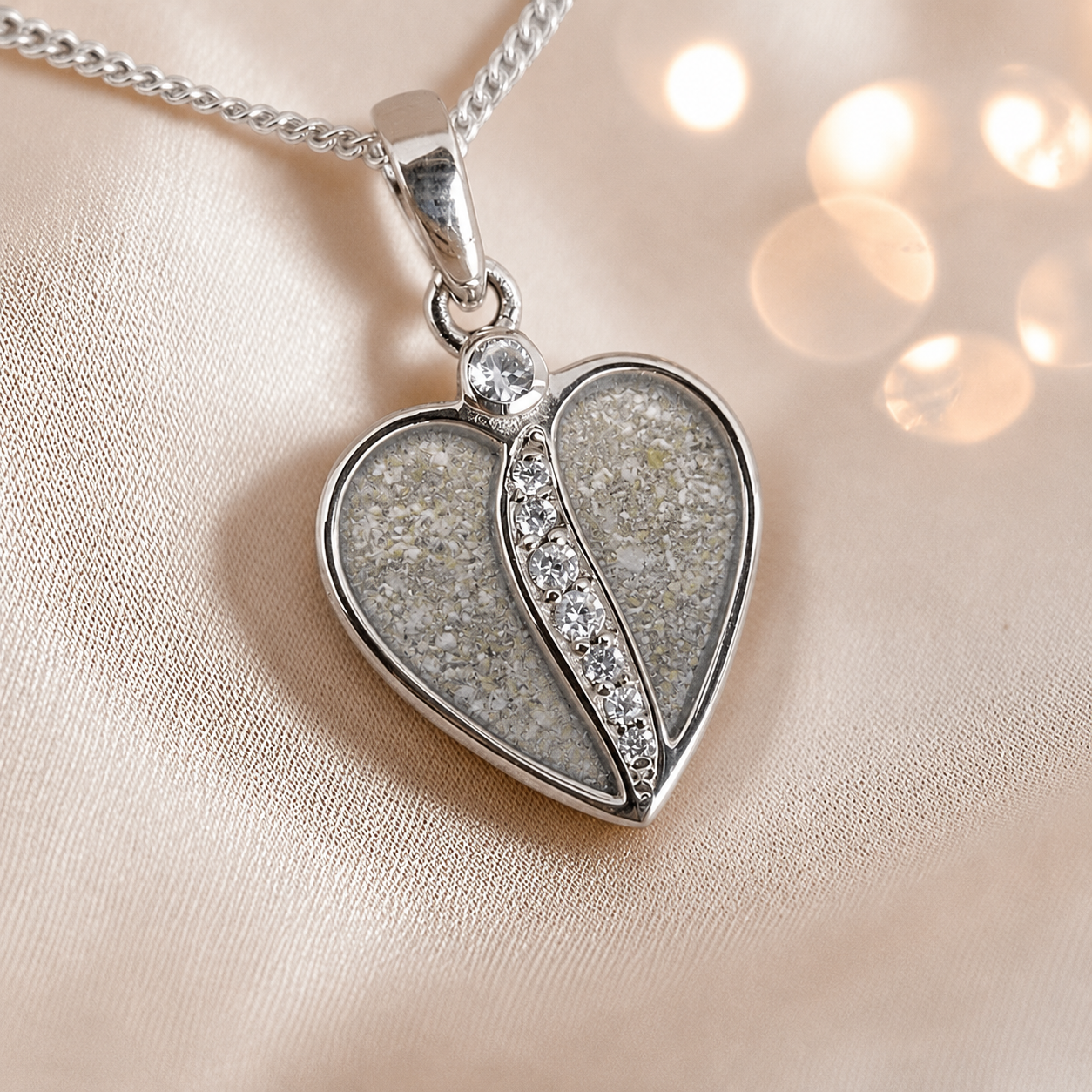 Elara Split heart shaped ashes pendant with CZ in natural ash, handcrafted in Lancashire UK