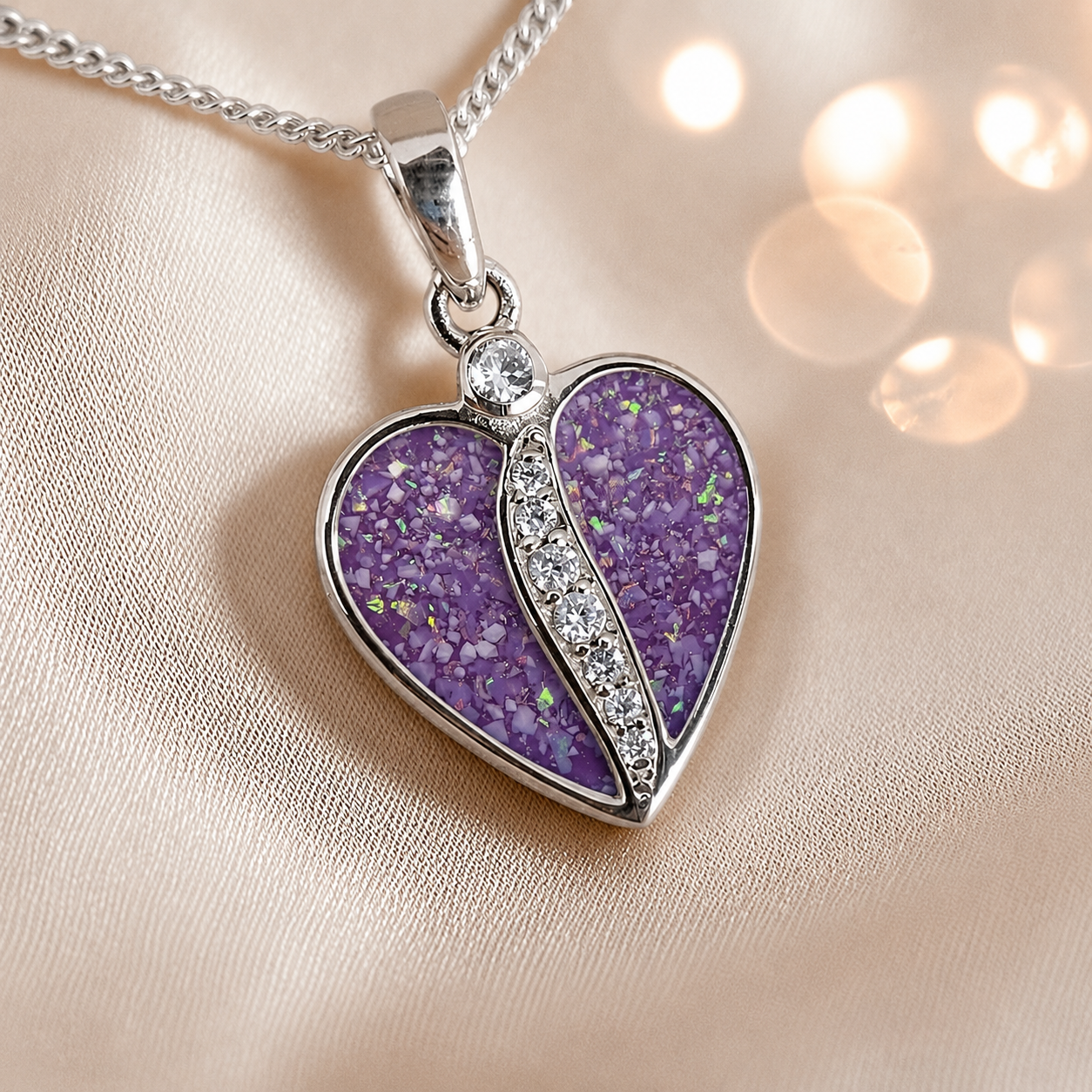 Elara Split heart shaped ashes pendant with CZ in rose pink, handcrafted in Lancashire UK