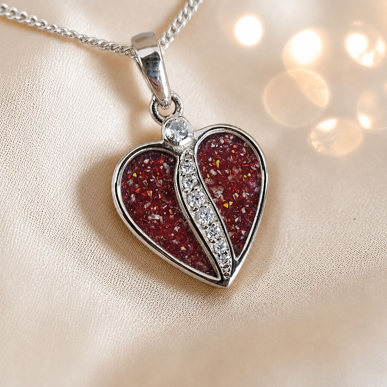 Elara Split heart shaped ashes pendant with CZ in ruby red, handcrafted in Lancashire UK