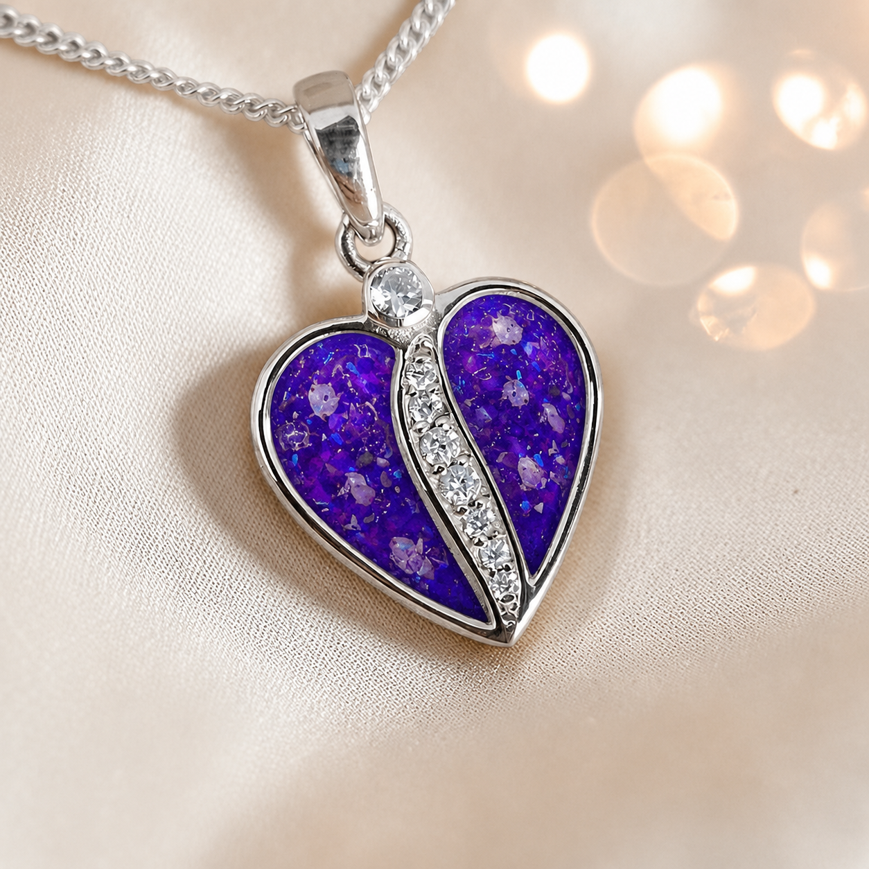 Elara Split heart shaped ashes pendant with CZ in sleepy lavender, handcrafted in Lancashire UK