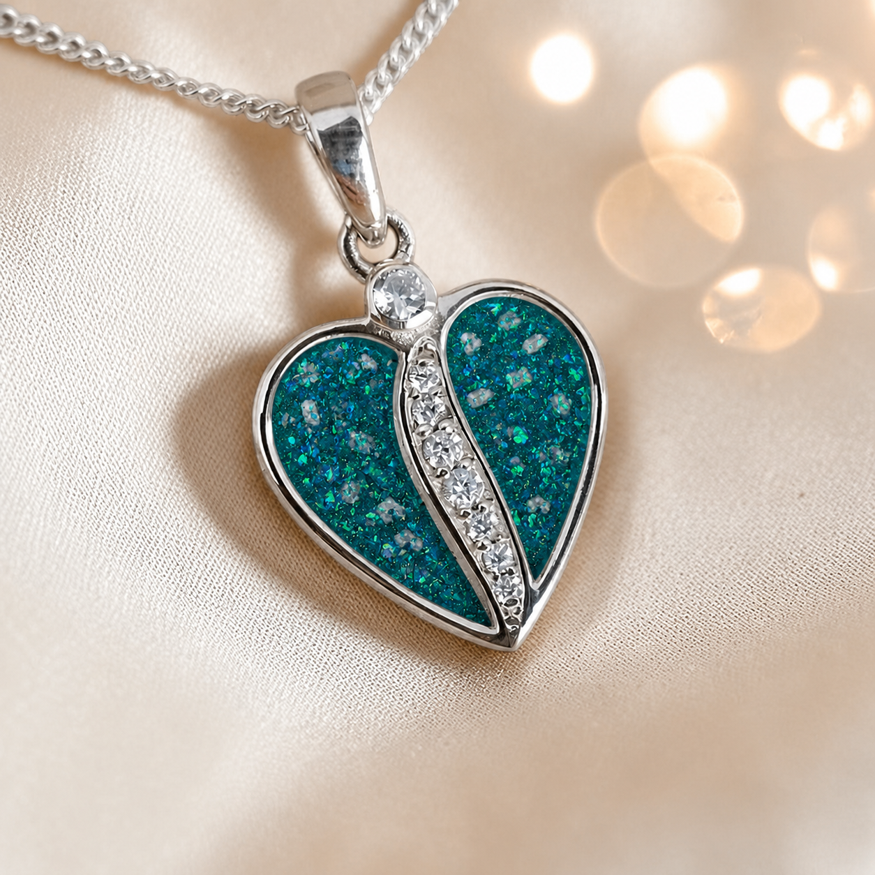 Elara Split heart shaped ashes pendant with CZ in teal mist, handcrafted in Lancashire UK