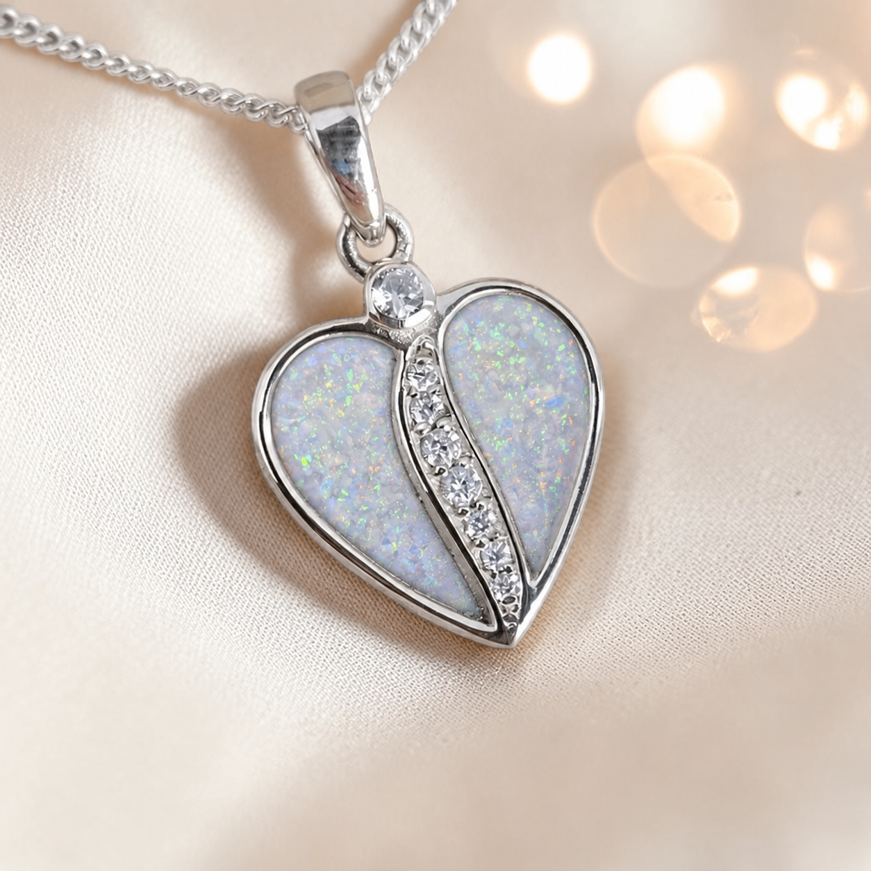 Elara Split heart shaped ashes pendant with CZ in white snow, handcrafted in Lancashire UK