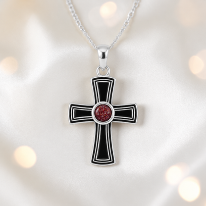 Escha sterling silver memorial cross pendant in ruby red, handcrafted in Lancashire UK - by Keepsake Memorial Jewellery 