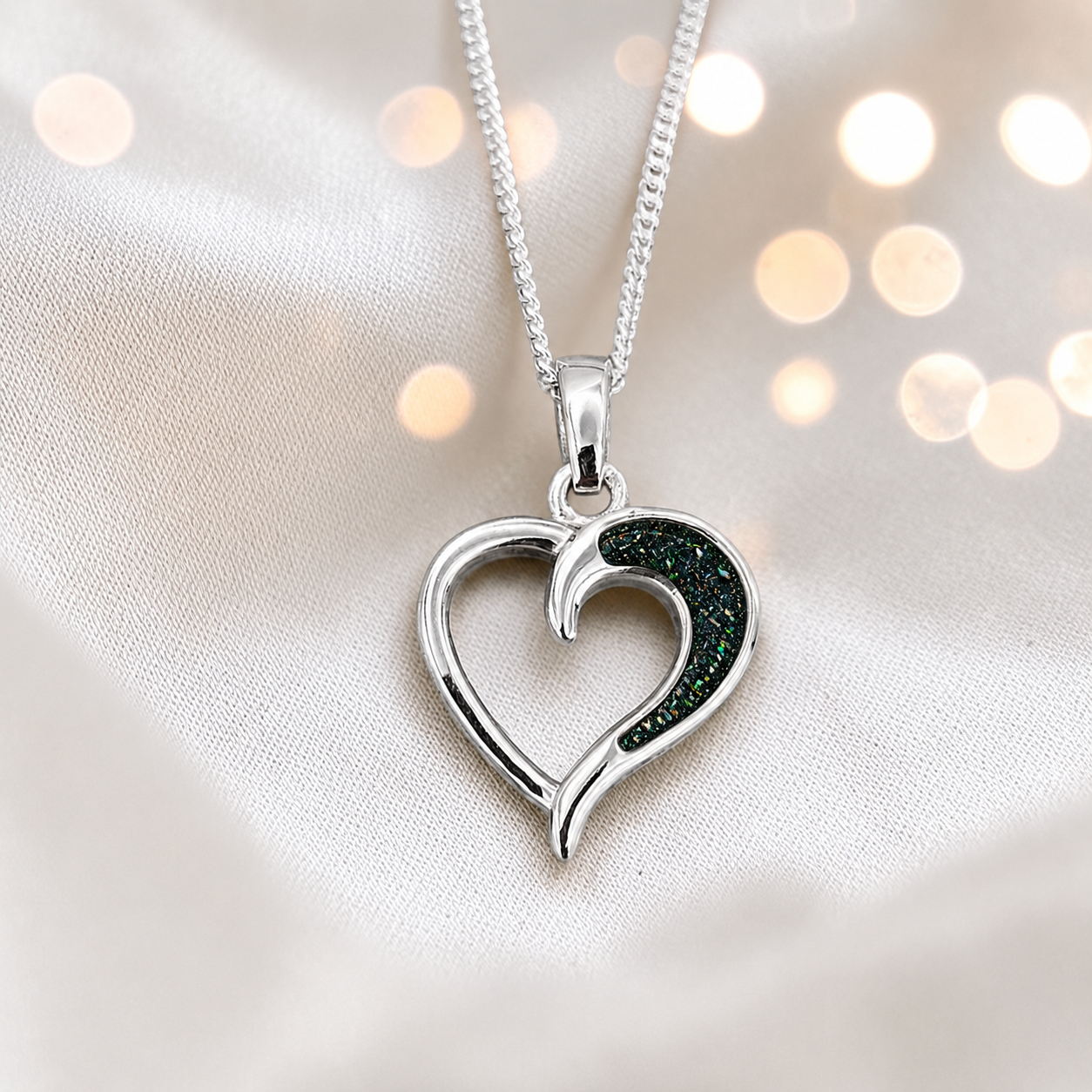 Enif Heart Ashes Pendant with black flame in single side recess, handcrafted in Lancashire UK