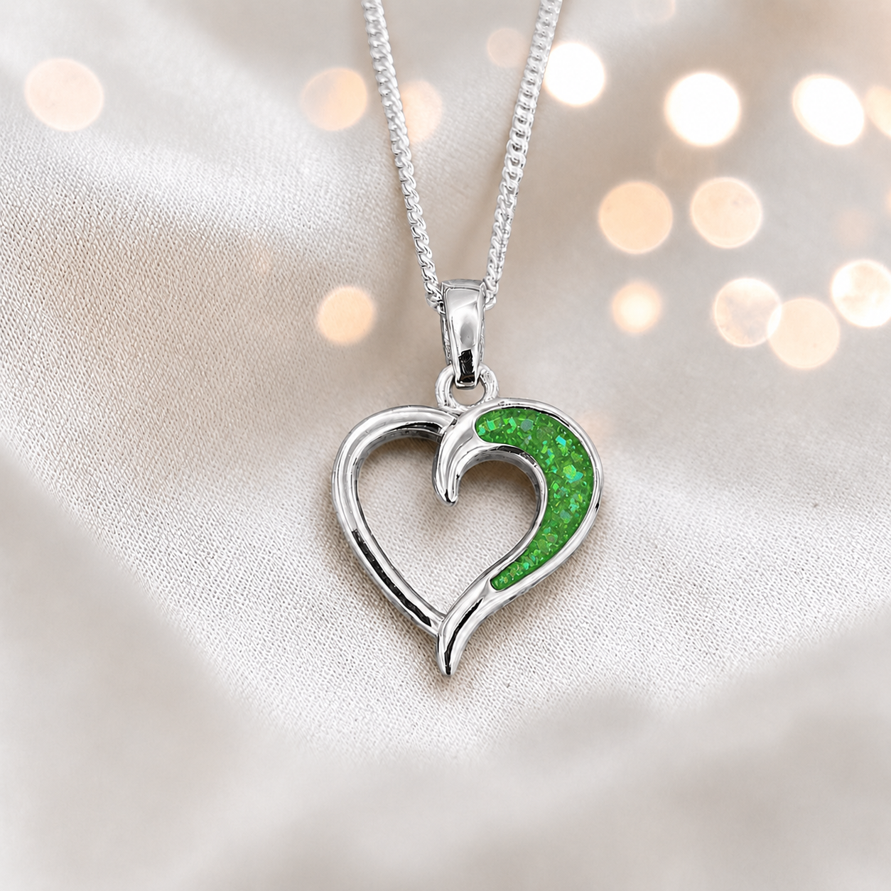 Enif Heart Ashes Pendant with fruit green in single side recess, handcrafted in Lancashire UK
