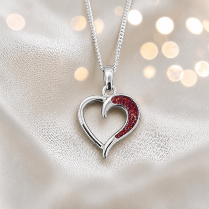 Enif Heart Ashes Pendant with ruby red in single side recess, handcrafted in Lancashire UK