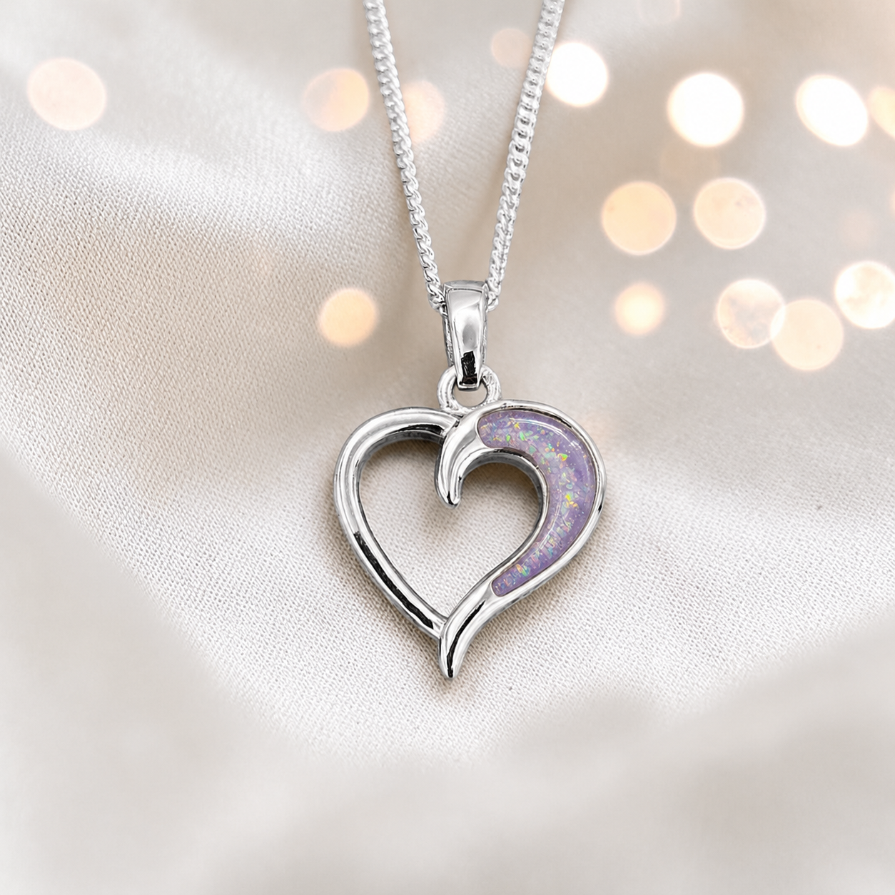 Enif Heart Ashes Pendant with unicorn purple in single side recess, handcrafted in Lancashire, uk