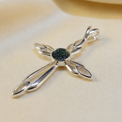 Errai sterling silver memorial cross pendant in black flame, handcrafted in Lancashire UK - by Keepsake Memorial Jewellery