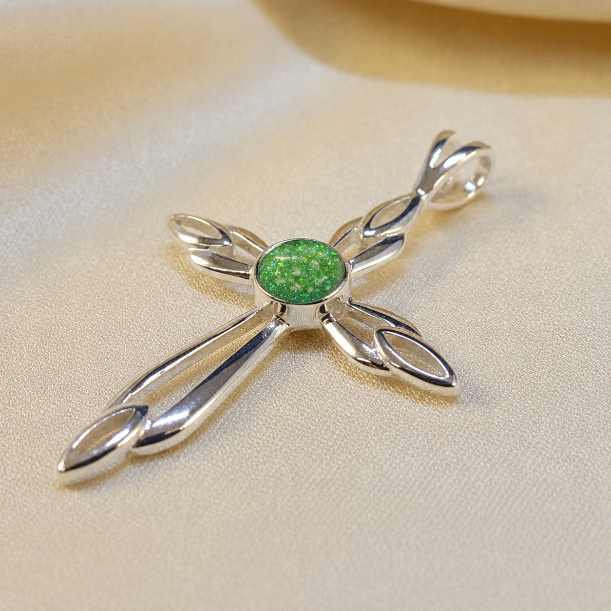 Errai sterling silver memorial cross pendant in fruit green, handcrafted in Lancashire UK - by Keepsake Memorial Jewellery