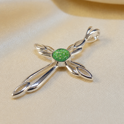 Errai sterling silver memorial cross pendant in fruit green, handcrafted in Lancashire UK - by Keepsake Memorial Jewellery