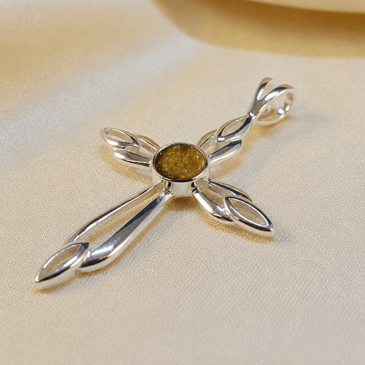 Errai sterling silver memorial cross pendant in gold olive, handcrafted in Lancashire UK - by Keepsake Memorial Jewellery