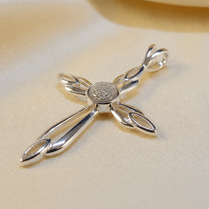 Errai sterling silver memorial cross pendant in natural ash, handcrafted in Lancashire UK - by Keepsake Memorial Jewellery