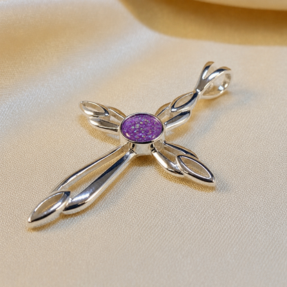 Errai sterling silver memorial cross pendant in rose pink, handcrafted in Lancashire UK - by Keepsake Memorial Jewellery