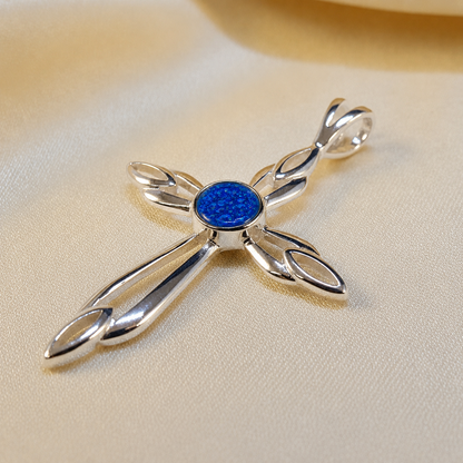 Errai sterling silver memorial cross pendant in royal blue, handcrafted in Lancashire UK - by Keepsake Memorial Jewellery