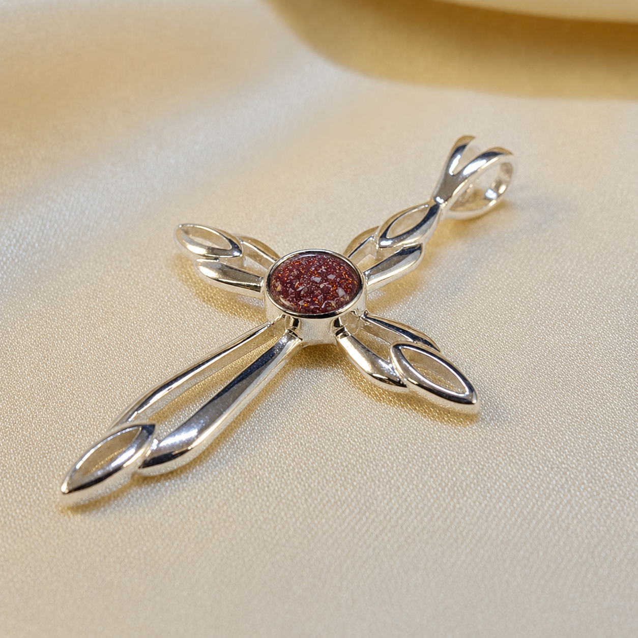 Errai sterling silver memorial cross pendant in ruby red, handcrafted in Lancashire UK - by Keepsake Memorial Jewellery