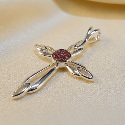 Errai sterling silver memorial cross pendant in ruby red, handcrafted in Lancashire UK - by Keepsake Memorial Jewellery