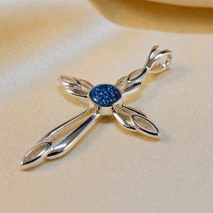 Errai sterling silver memorial cross pendant in sapphire glow, handcrafted in Lancashire UK - by Keepsake Memorial Jewellery