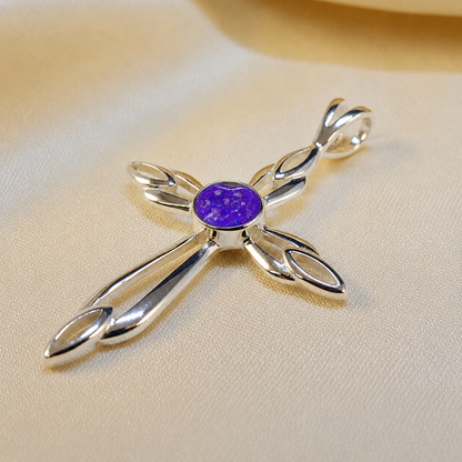 Errai sterling silver memorial cross pendant in sleepy lavender, handcrafted in Lancashire UK - by Keepsake Memorial Jewellery