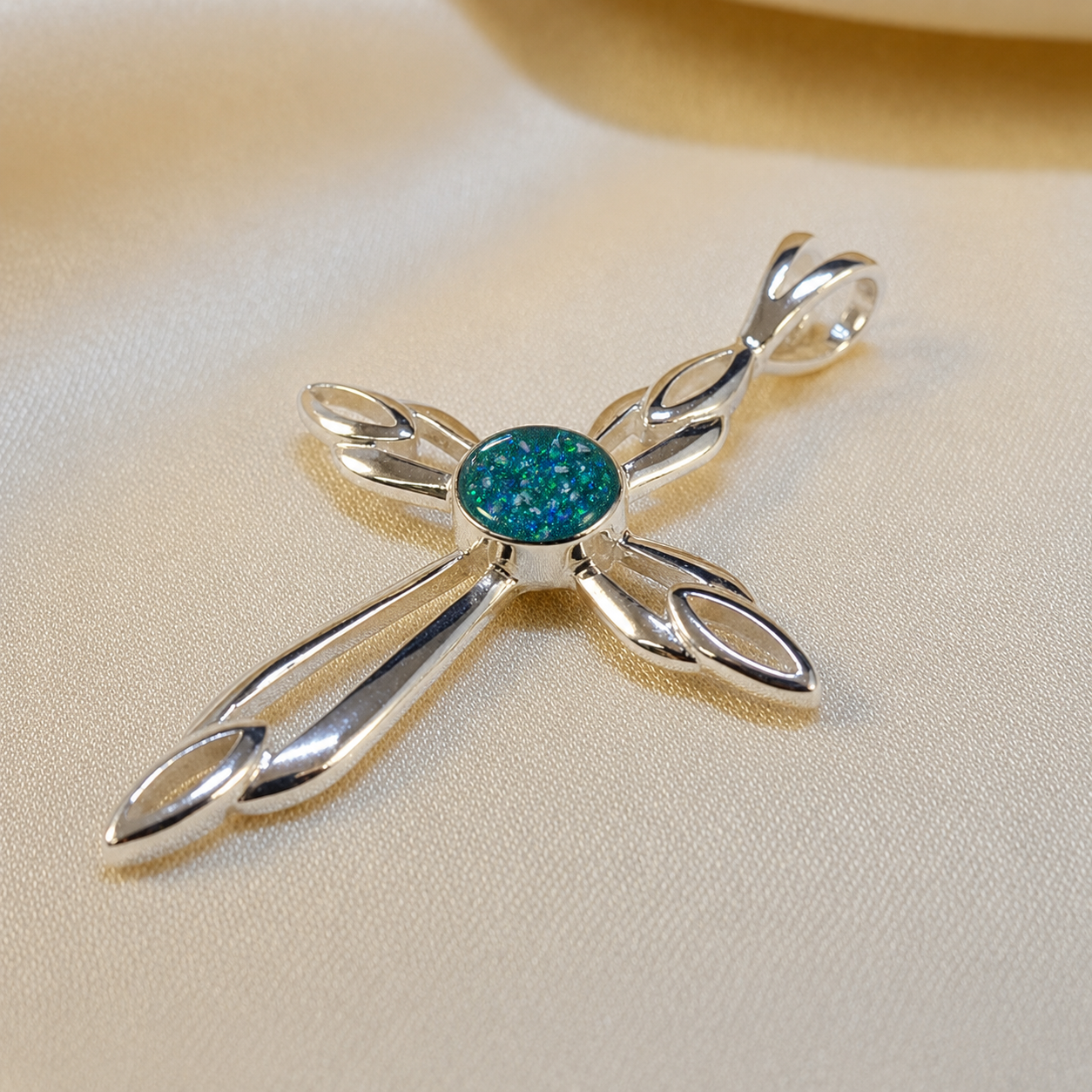 Errai sterling silver memorial cross pendant in teal mist, handcrafted in Lancashire UK - by Keepsake Memorial Jewellery