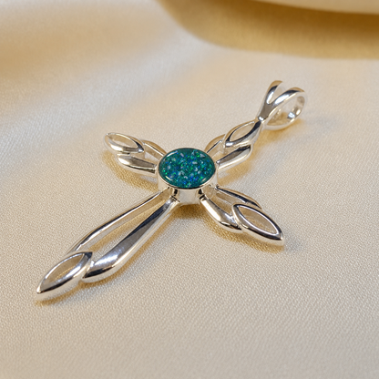Errai sterling silver memorial cross pendant in teal mist, handcrafted in Lancashire UK - by Keepsake Memorial Jewellery