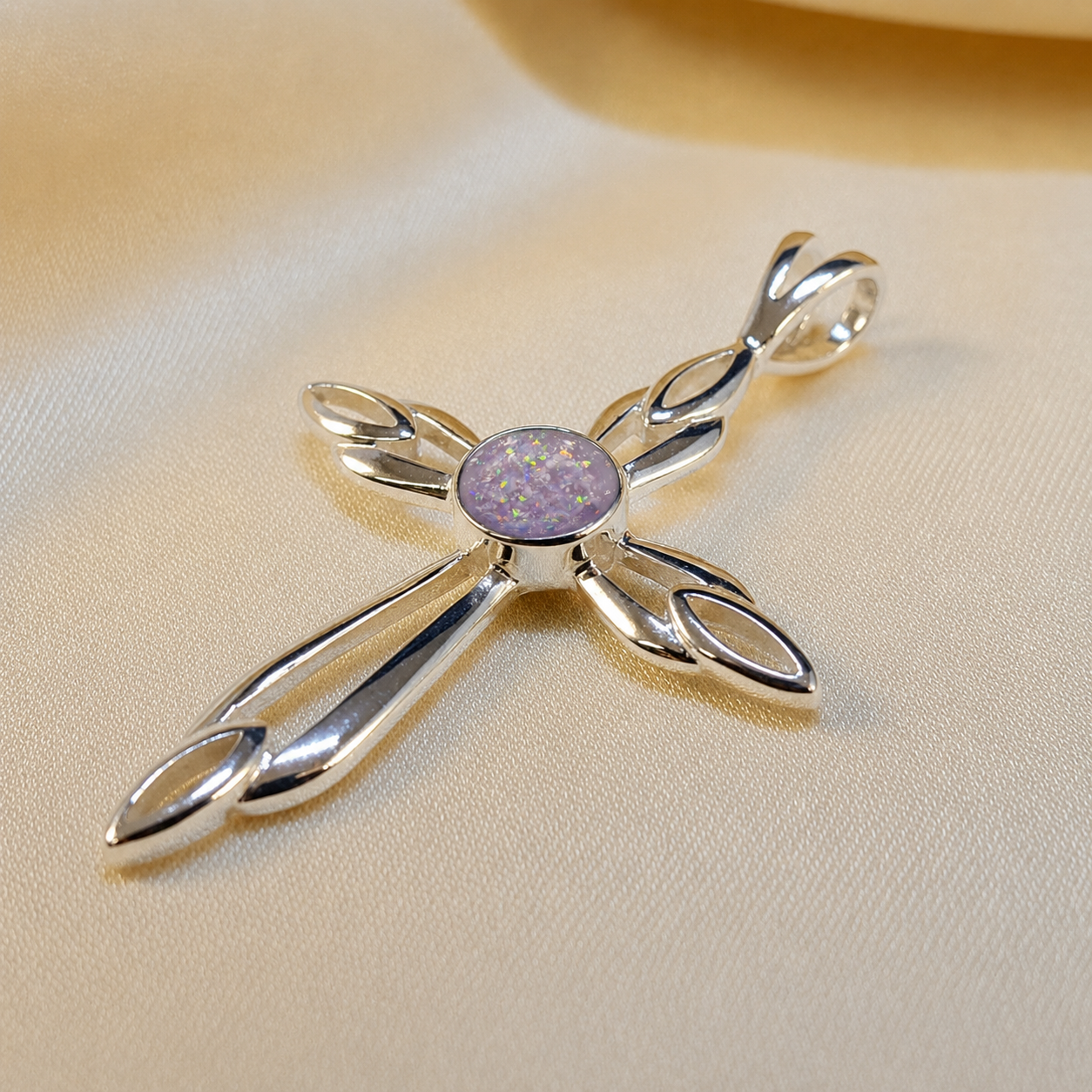 Errai sterling silver memorial cross pendant in unicorn purple, handcrafted in Lancashire UK - by Keepsake Memorial Jewellery