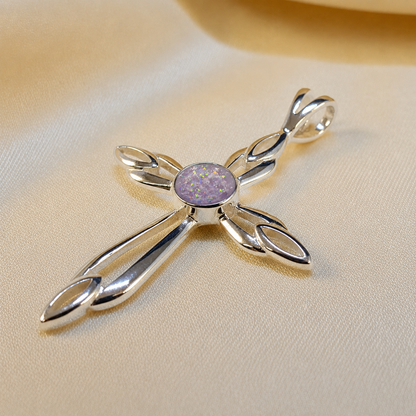Errai sterling silver memorial cross pendant in unicorn purple, handcrafted in Lancashire UK - by Keepsake Memorial Jewellery