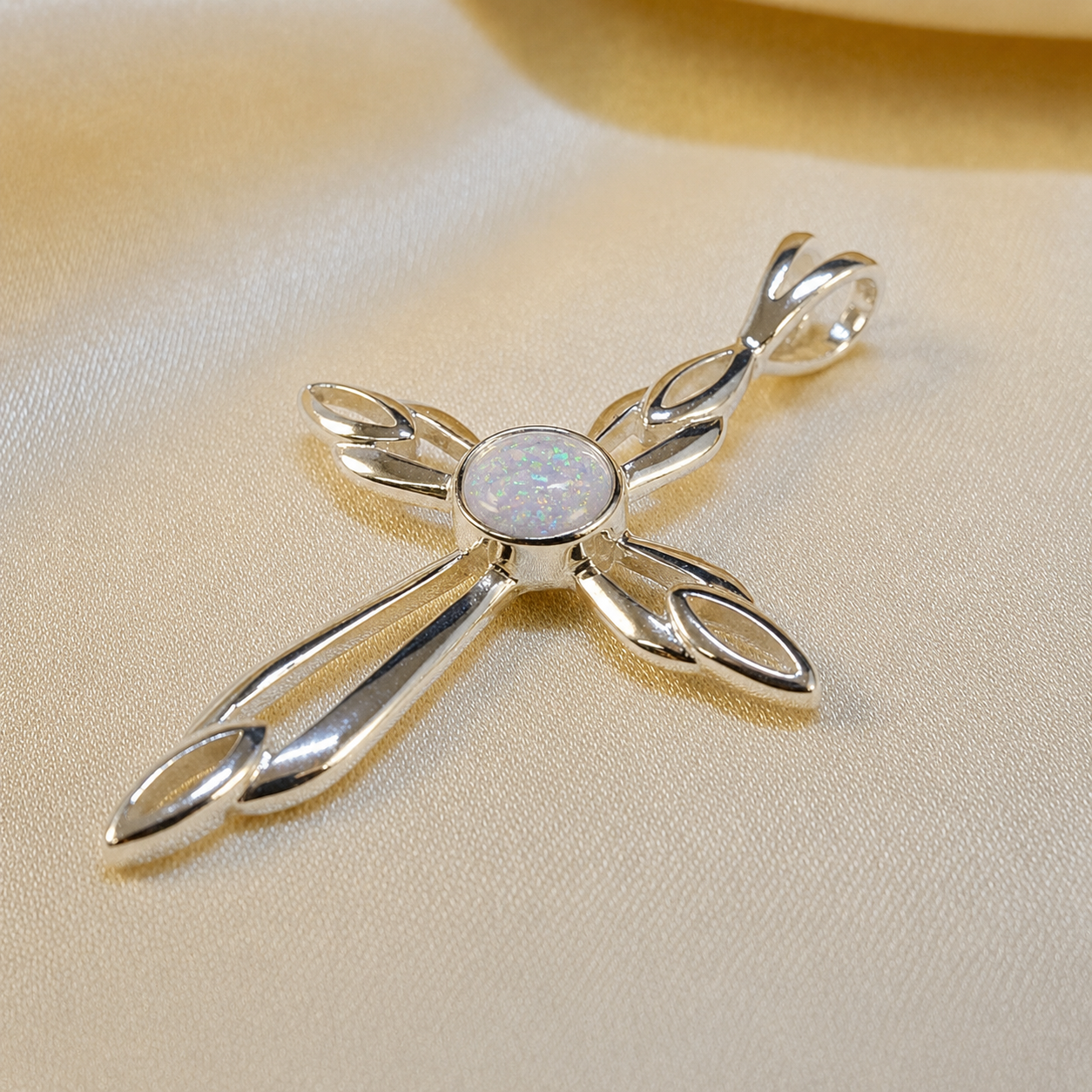 Errai sterling silver memorial cross pendant in white snow, handcrafted in Lancashire UK - by Keepsake Memorial Jewellery
