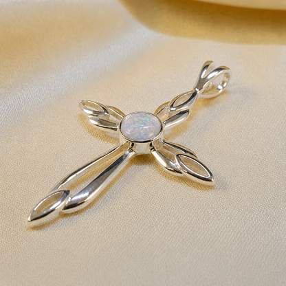Errai sterling silver memorial cross pendant in white snow, handcrafted in Lancashire UK - by Keepsake Memorial Jewellery
