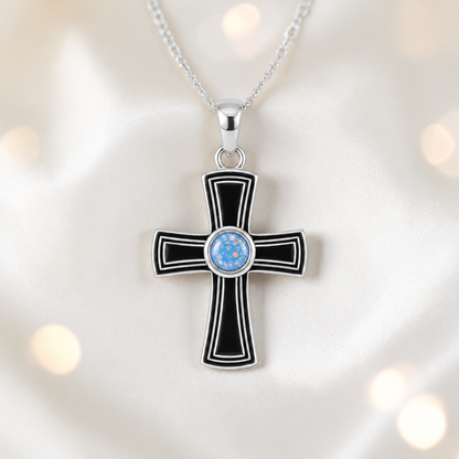 Escha sterling silver memorial cross pendant in baby blue, handcrafted in Lancashire UK - by Keepsake Memorial Jewellery 