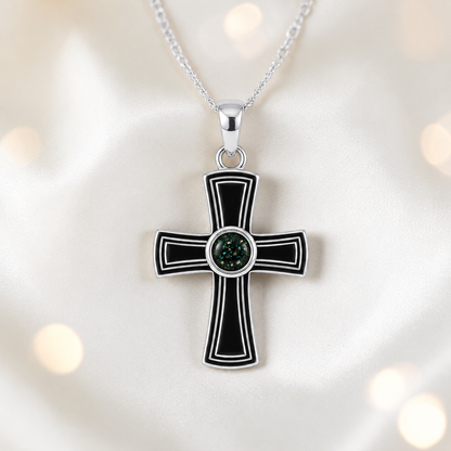 Escha sterling silver memorial cross pendant in black flame, handcrafted in Lancashire UK - by Keepsake Memorial Jewellery 