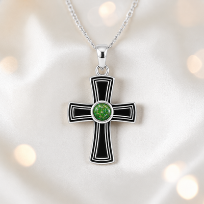 Escha sterling silver memorial cross pendant in fruit green, handcrafted in Lancashire UK - by Keepsake Memorial Jewellery 
