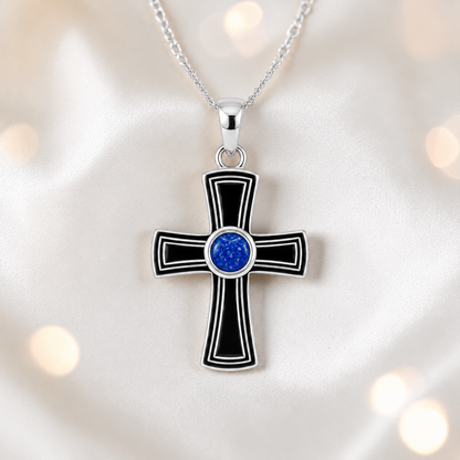 Escha sterling silver memorial cross pendant in royal blue, handcrafted in Lancashire UK - by Keepsake Memorial Jewellery 