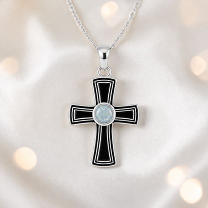 Escha sterling silver memorial cross pendant in white snow, handcrafted in Lancashire UK - by Keepsake Memorial Jewellery 