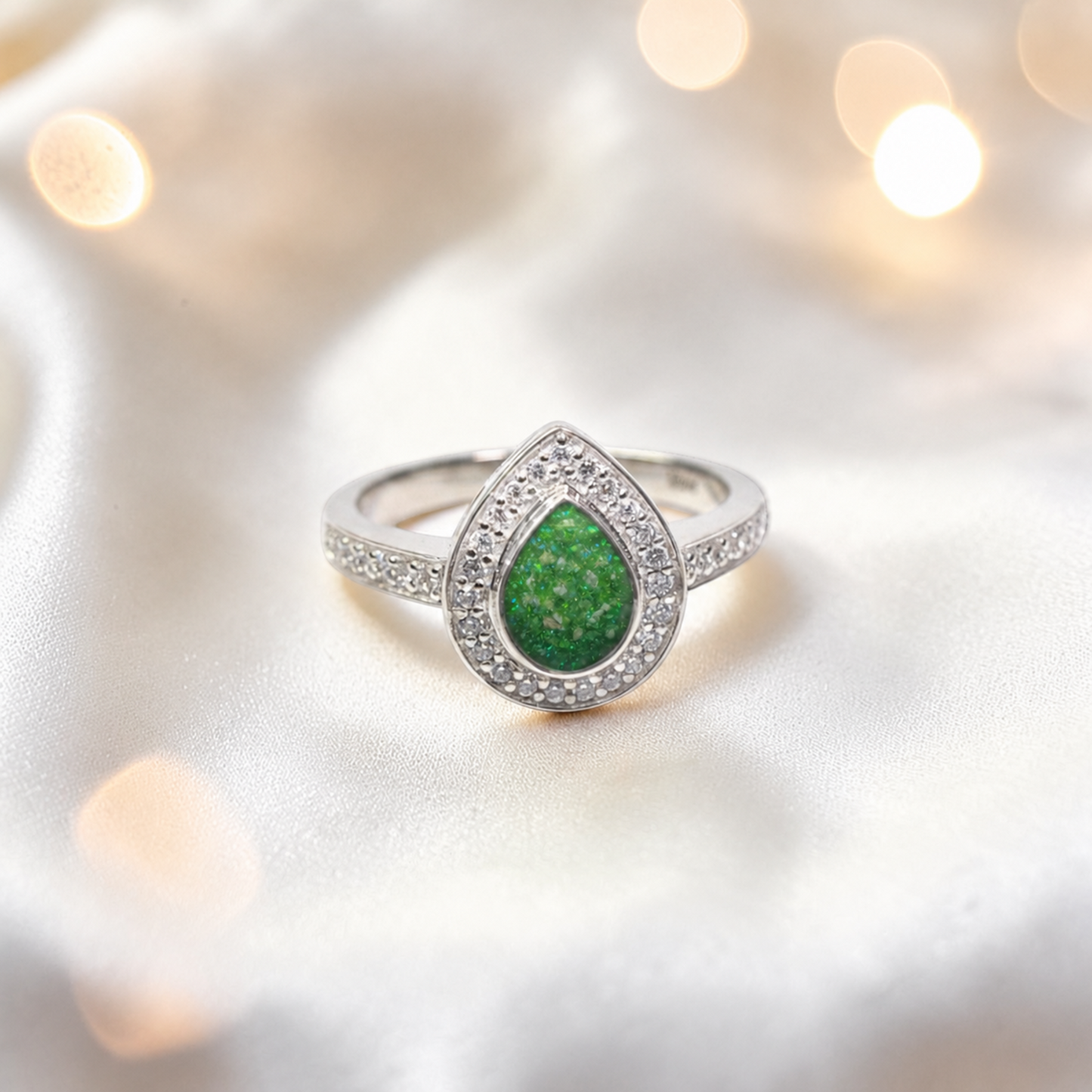 Keepsake Memorial Silver Eternal Light Ashes Ring in Fruit Green  - Handcrafted in the UK