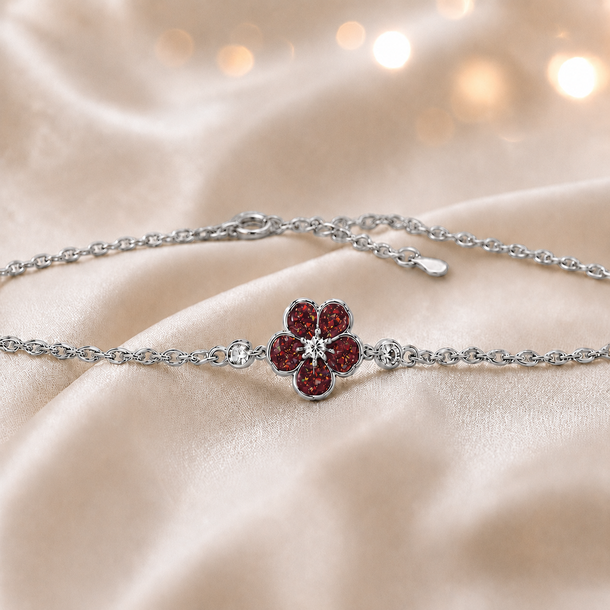 Sterling Silver Forget Me Not Memorial Bracelet in ruby red, Ashes Keepsake Jewellery UK