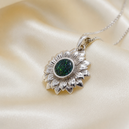 Flora sunflower silver ashes pendant in black flame, handcrafted in Lancashire UK