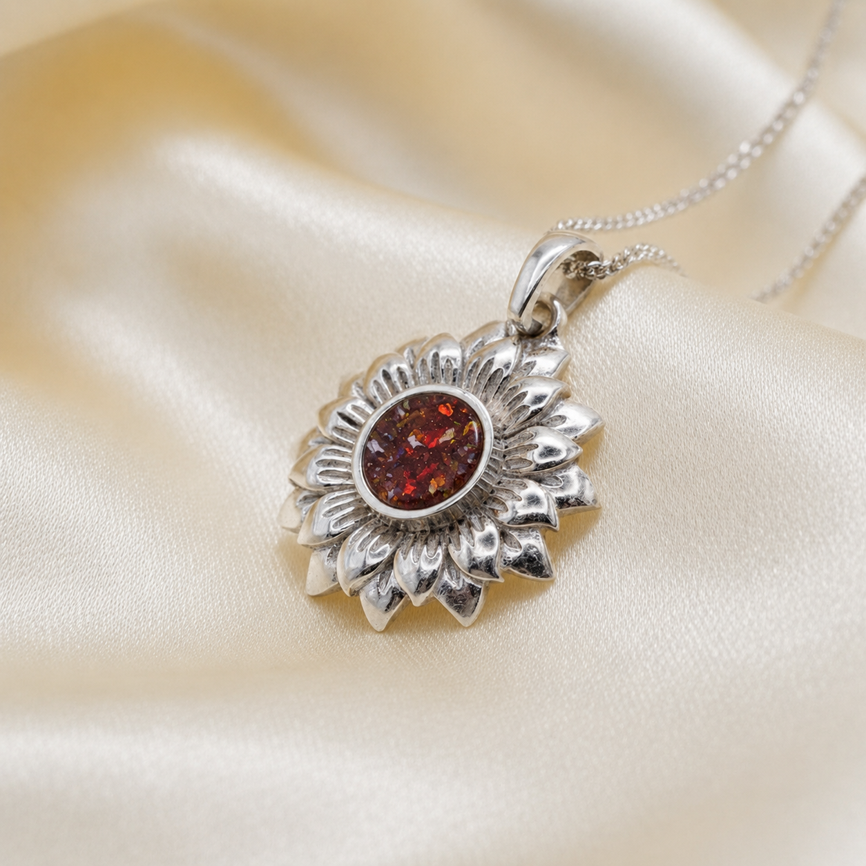 Flora sunflower silver ashes pendant in copper mocha, handcrafted in Lancashire UK