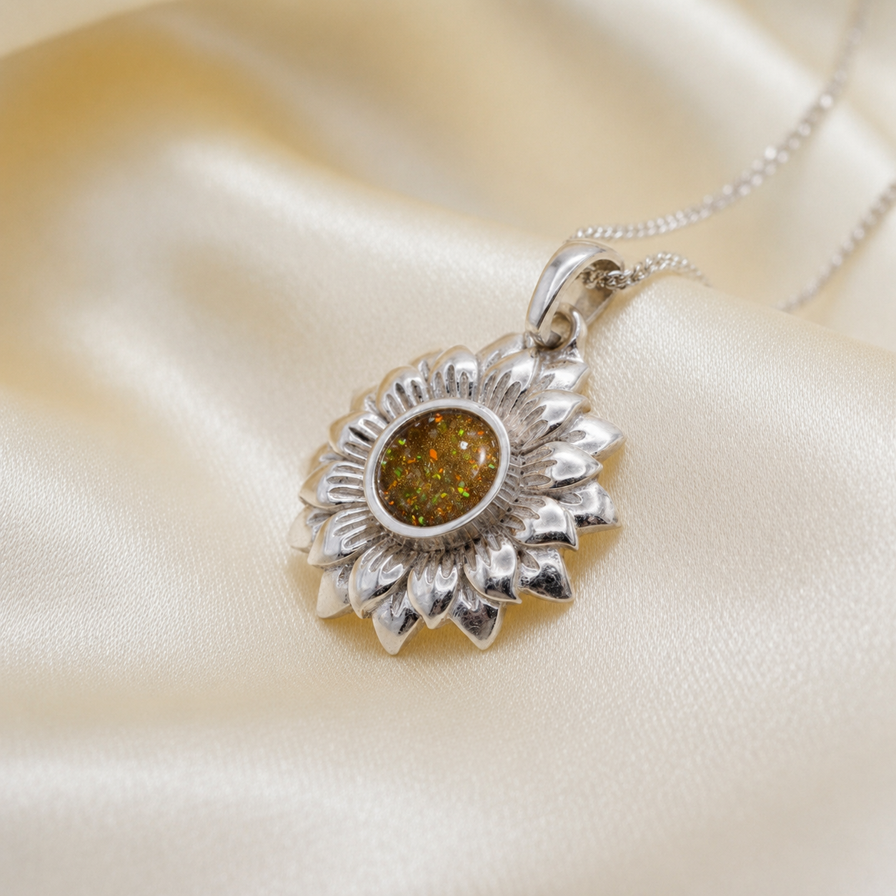 Flora sunflower silver ashes pendant in gold olive, handcrafted in Lancashire UK