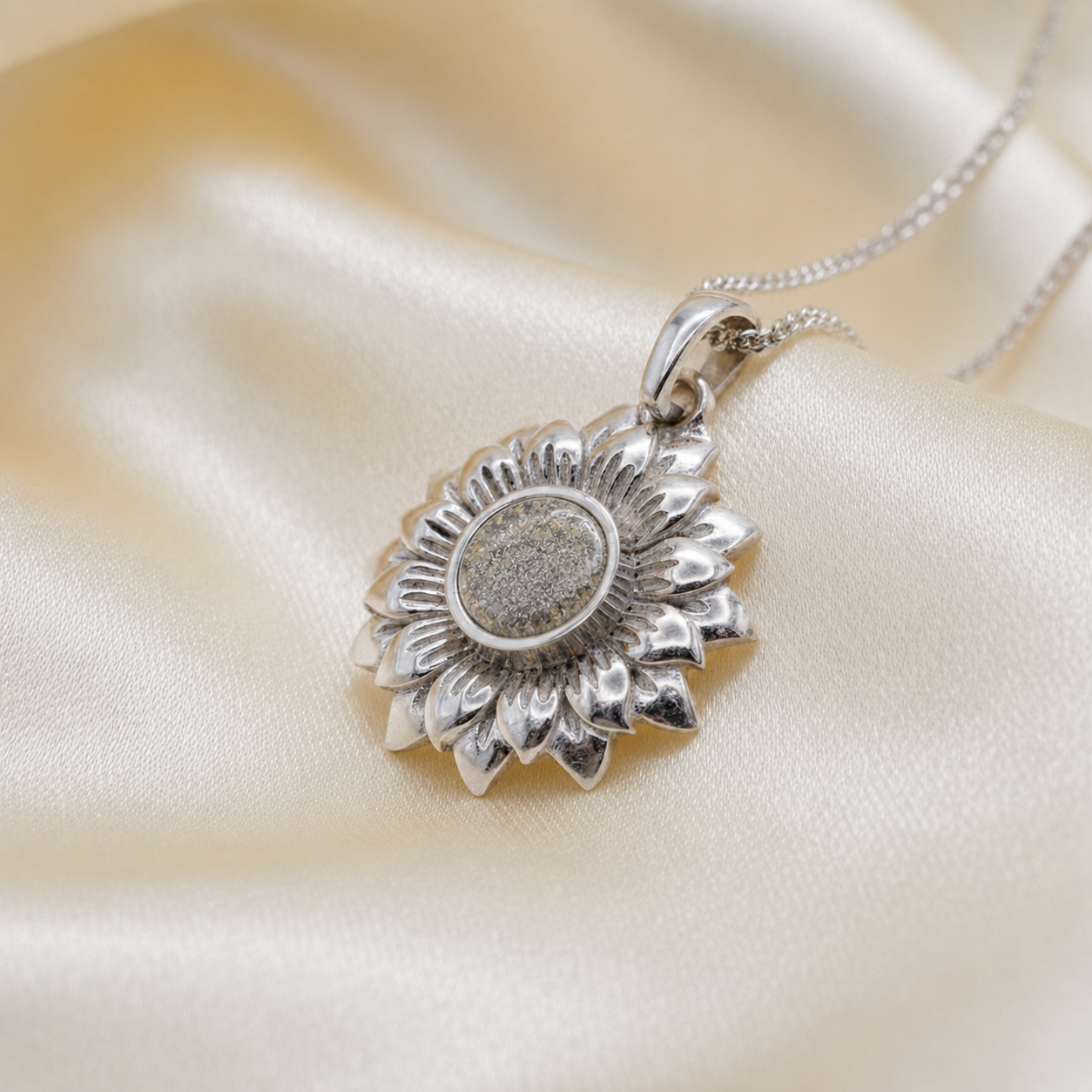 Flora sunflower silver ashes pendant in natural ash, handcrafted in Lancashire UK
