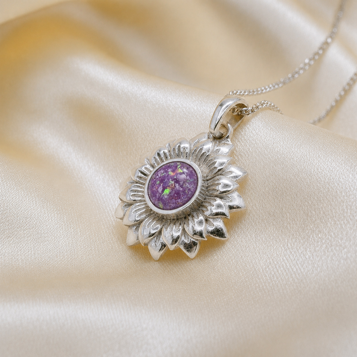 Flora sunflower silver ashes pendant in rose pink, handcrafted in Lancashire UK