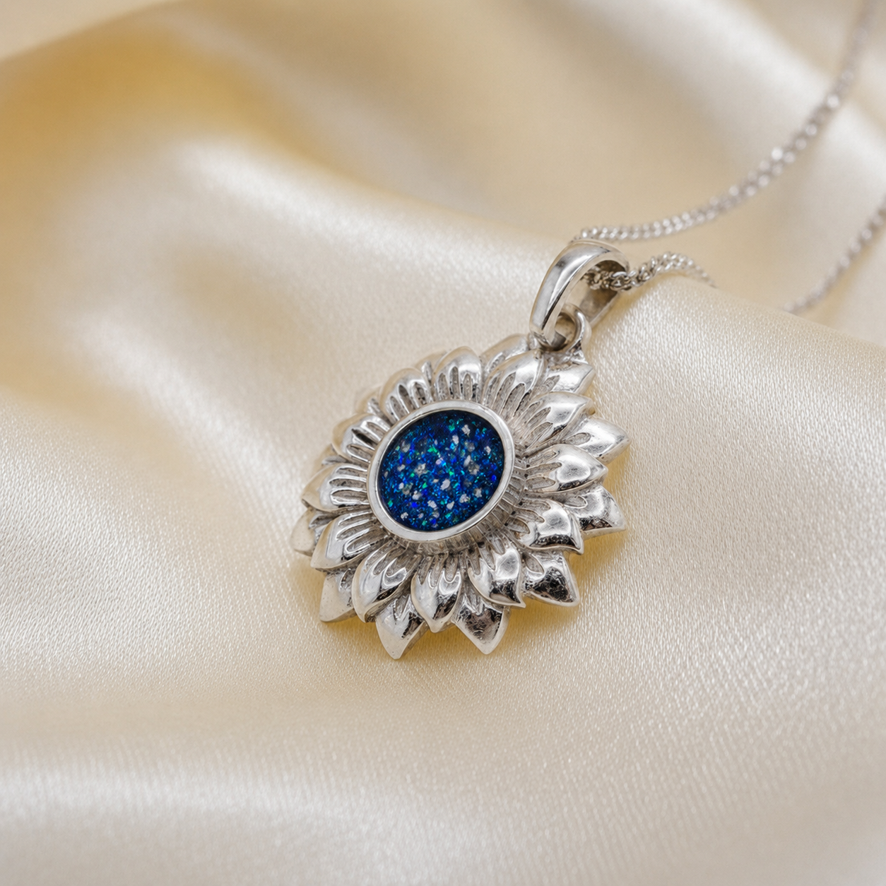 Flora sunflower silver ashes pendant in sapphire glow, handcrafted in Lancashire UK