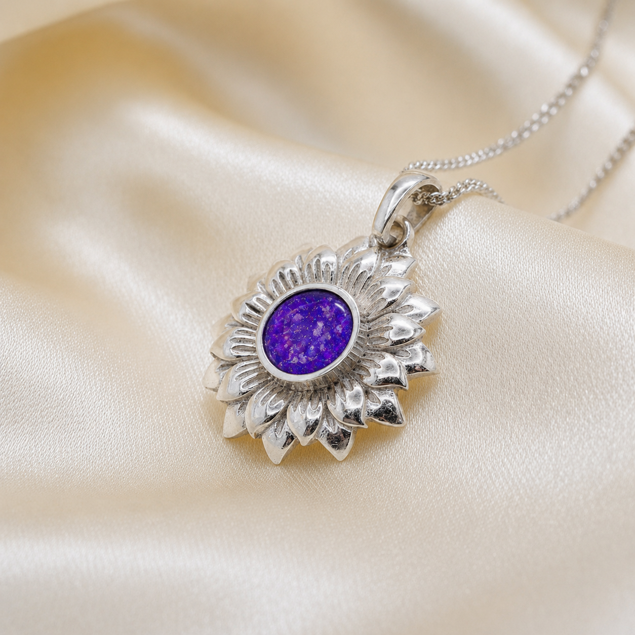 Flora sunflower silver ashes pendant in sleepy lavender, handcrafted in Lancashire UK
