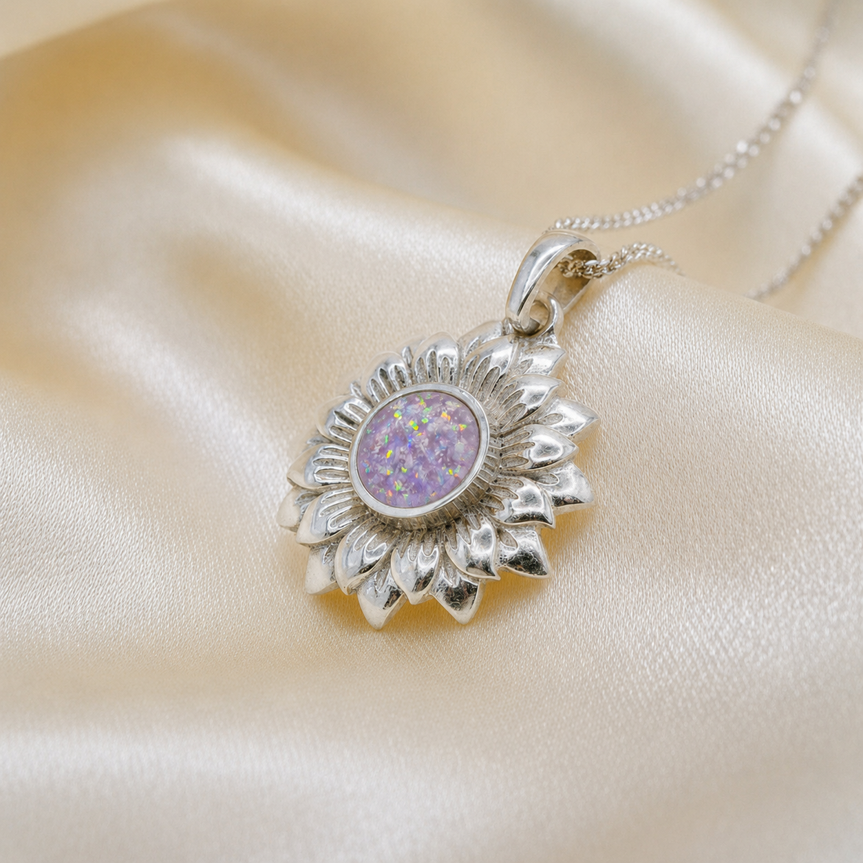 Flora sunflower silver ashes pendant in unicorn purple, handcrafted in Lancashire UK