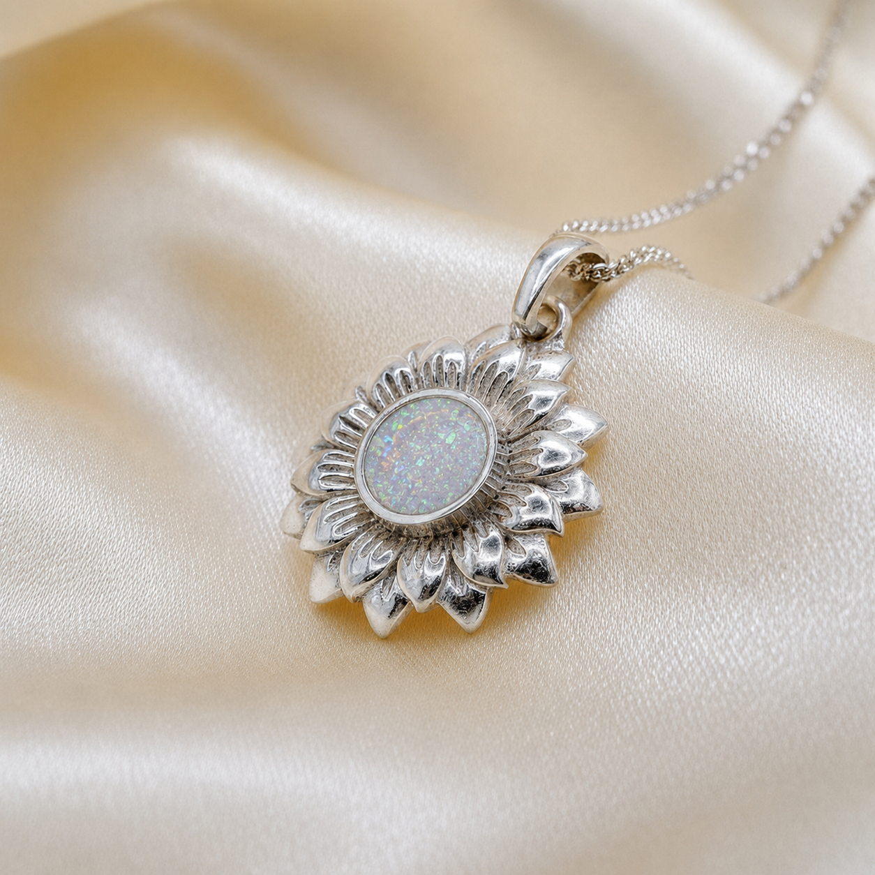 Flora sunflower silver ashes pendant in white snow, handcrafted in Lancashire UK