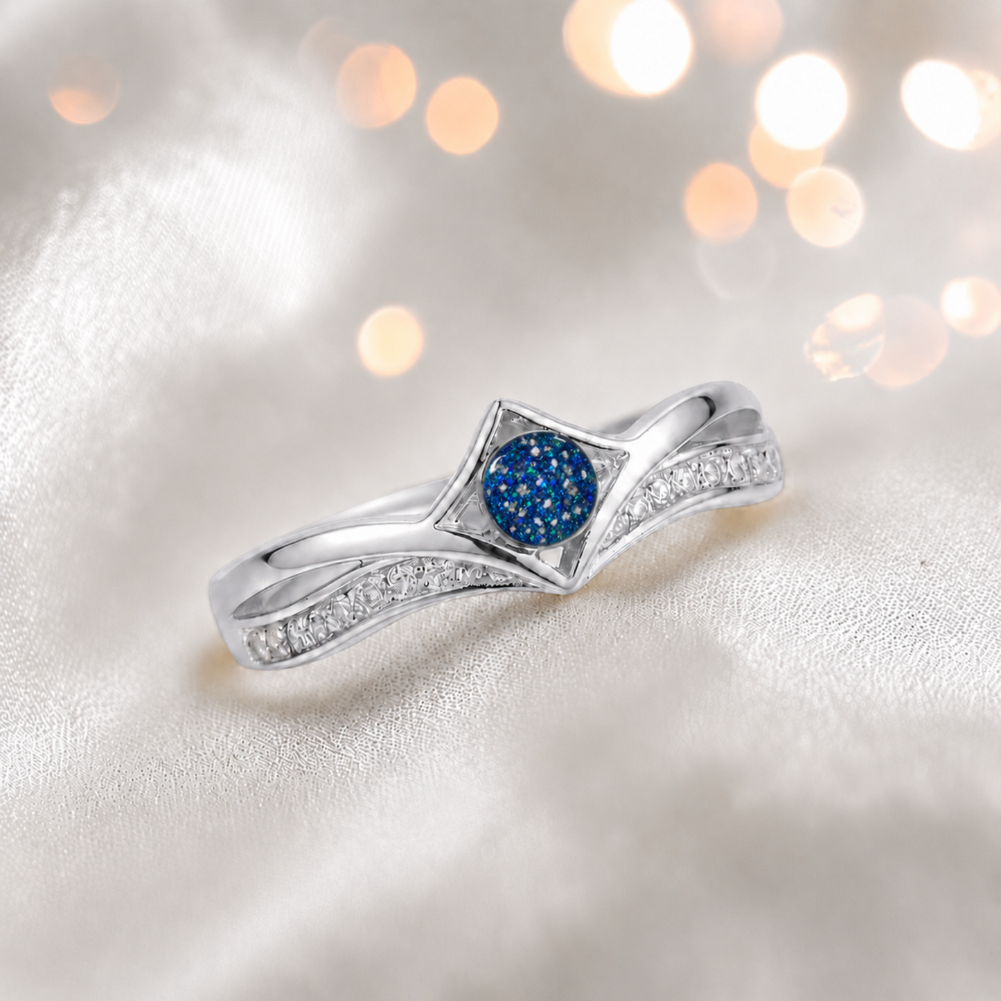 Keepsake Memorial Silver Forever Ashes Ring in Sapphire Glow - Handcrafted in the UK