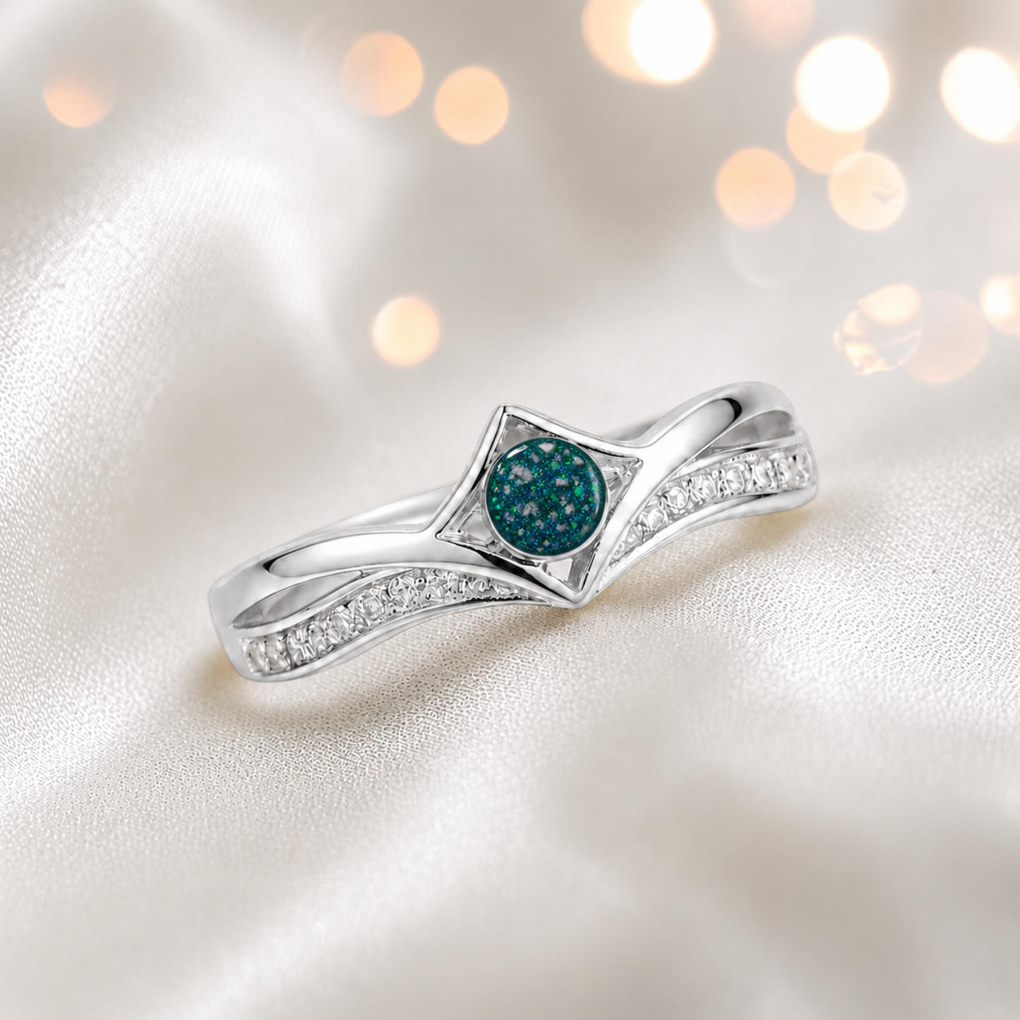 Keepsake Memorial Silver Forever Ashes Ring in Teal Mist - Handcrafted in the UK
