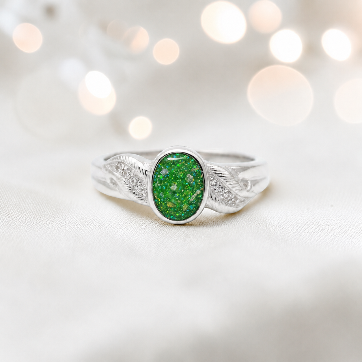 Keepsake Memorial Silver Forever with me Ashes Ring in Fruit Green  - Handcrafted in the UK