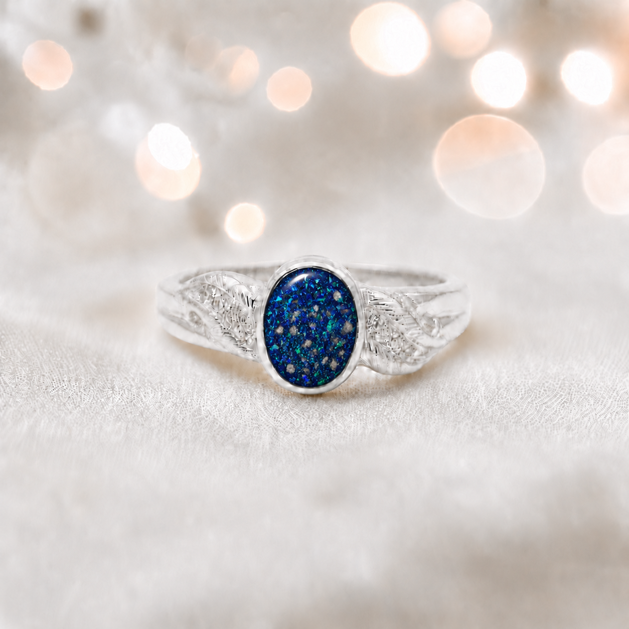 Keepsake Memorial Silver Forever with me Ashes Ring in Sapphire Glow - Handcrafted in the UK