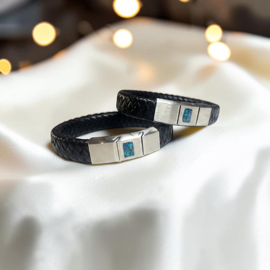 Forge men's stainless steel  and leather memorial bracelet , handcrafted in Lancashire UK by Keepsake Memorial Jewellery
